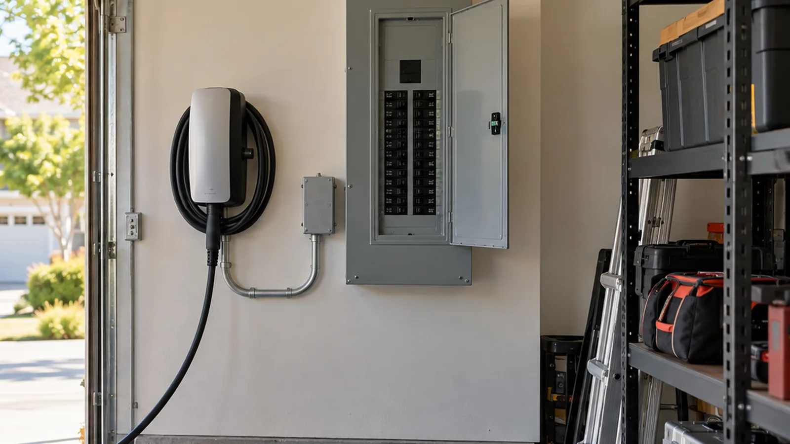 Residential garage wall with an EV charger, load-control enclosure, and electrical panel