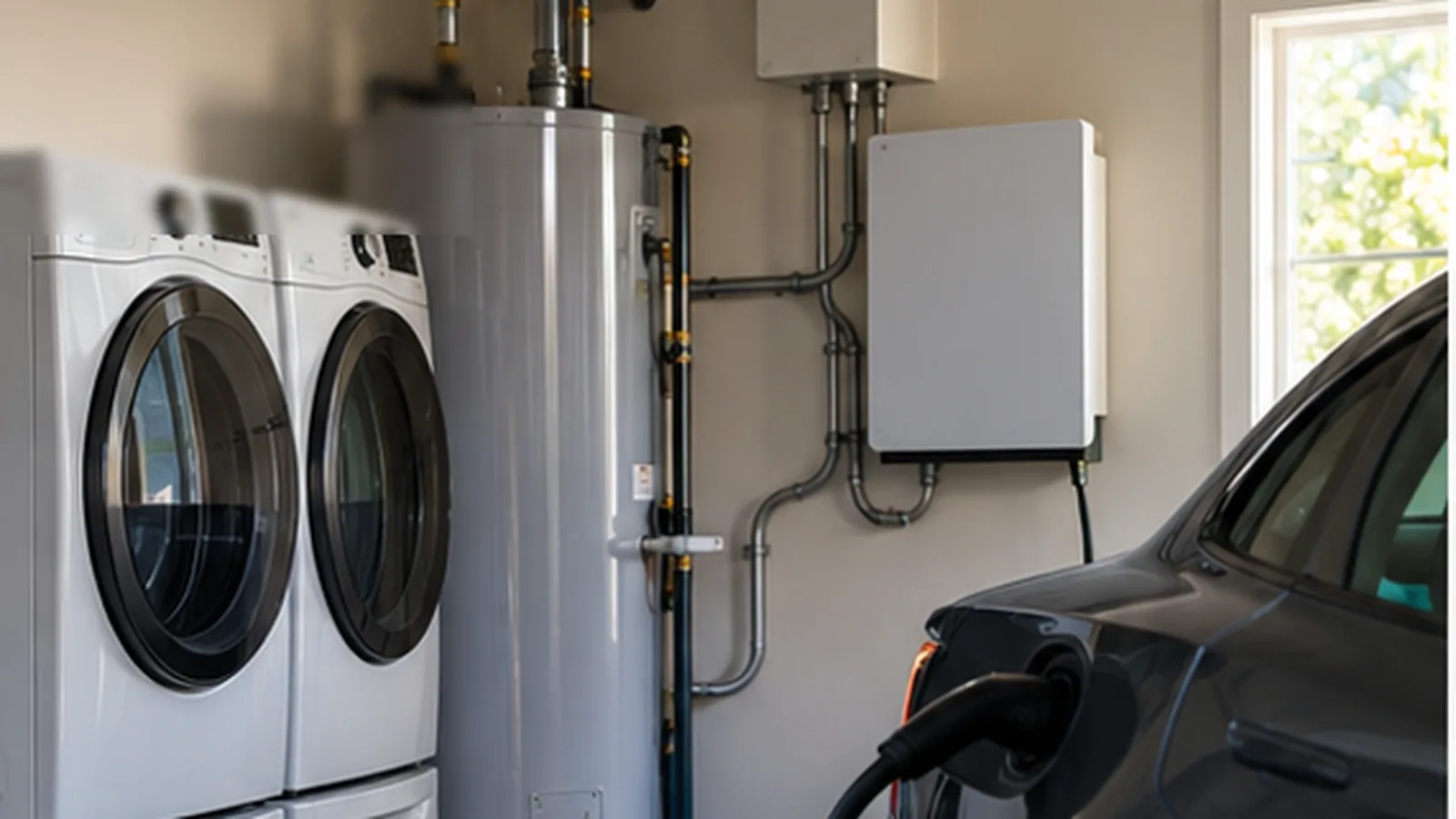 Electric vehicle charging beside home laundry equipment and a wall-mounted load-control gateway