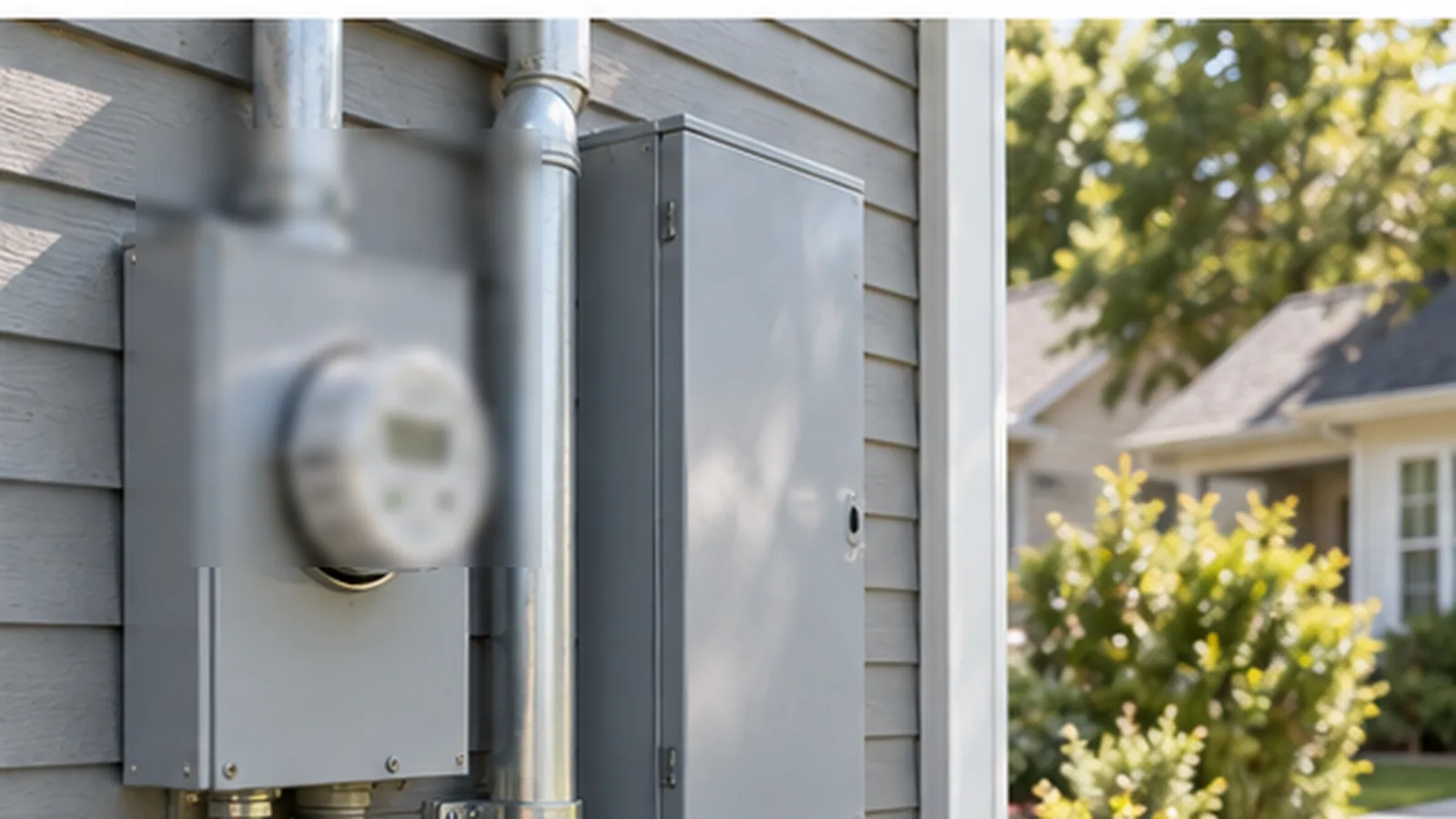 Exterior residential utility meter and service equipment beside a closed electrical enclosure