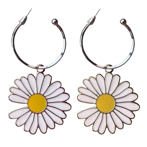 White Daisy Sunflower Hoop Earrings