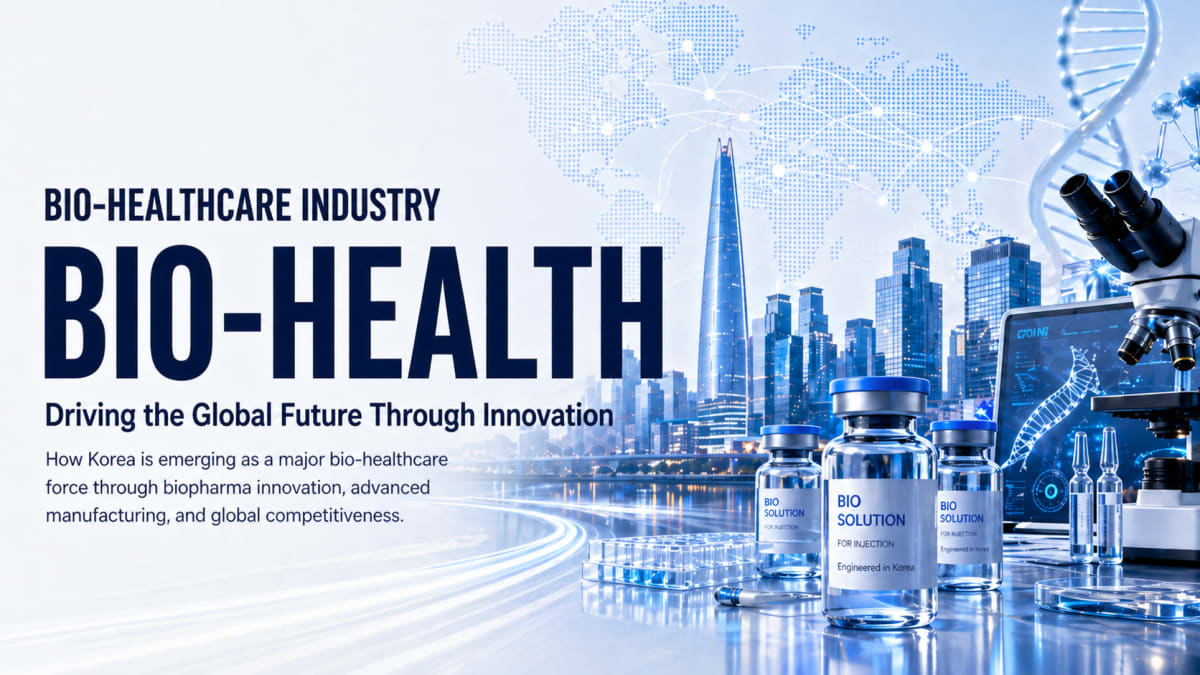Medical vials and microscope with a city skyline behind