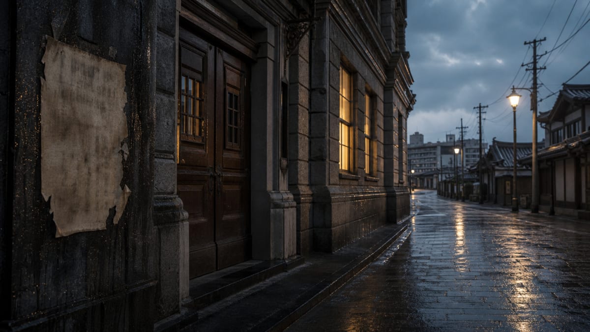 Stone building with peeling poster beside a wet street under old lamplight