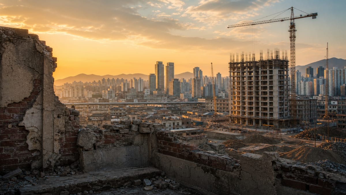 Crumbling brick wall in foreground with construction crane and skyline behind