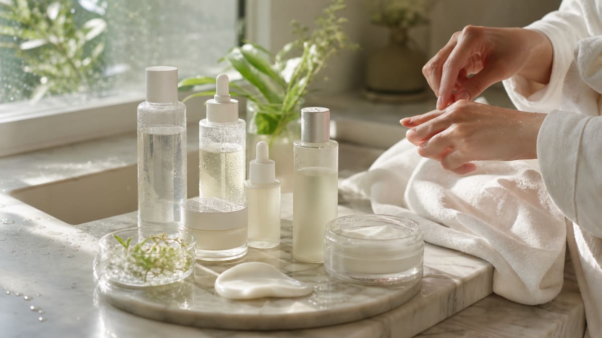 Glass bottles of serums and creams on a marble tray with morning light