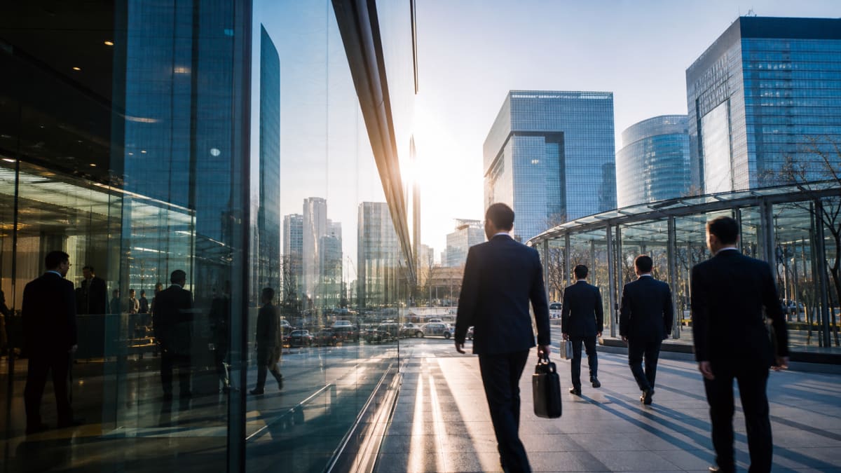 Businessmen with briefcases walking through a glass-lined corporate plaza