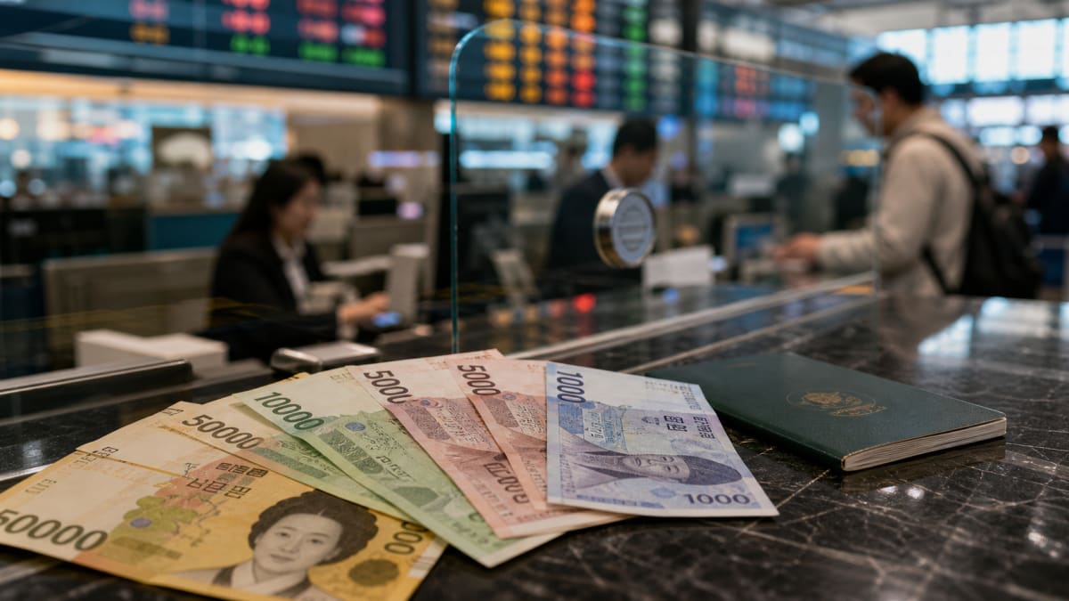 Korean banknotes fanned out on a counter with a passport and an exchange board