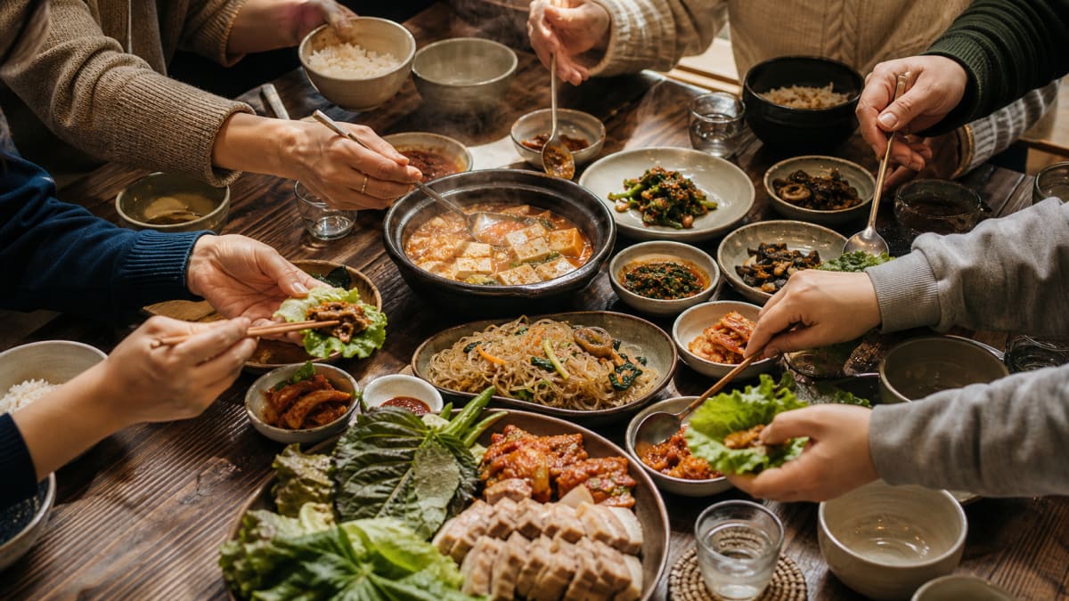 Multiple hands reaching across a table covered with shared Korean dishes