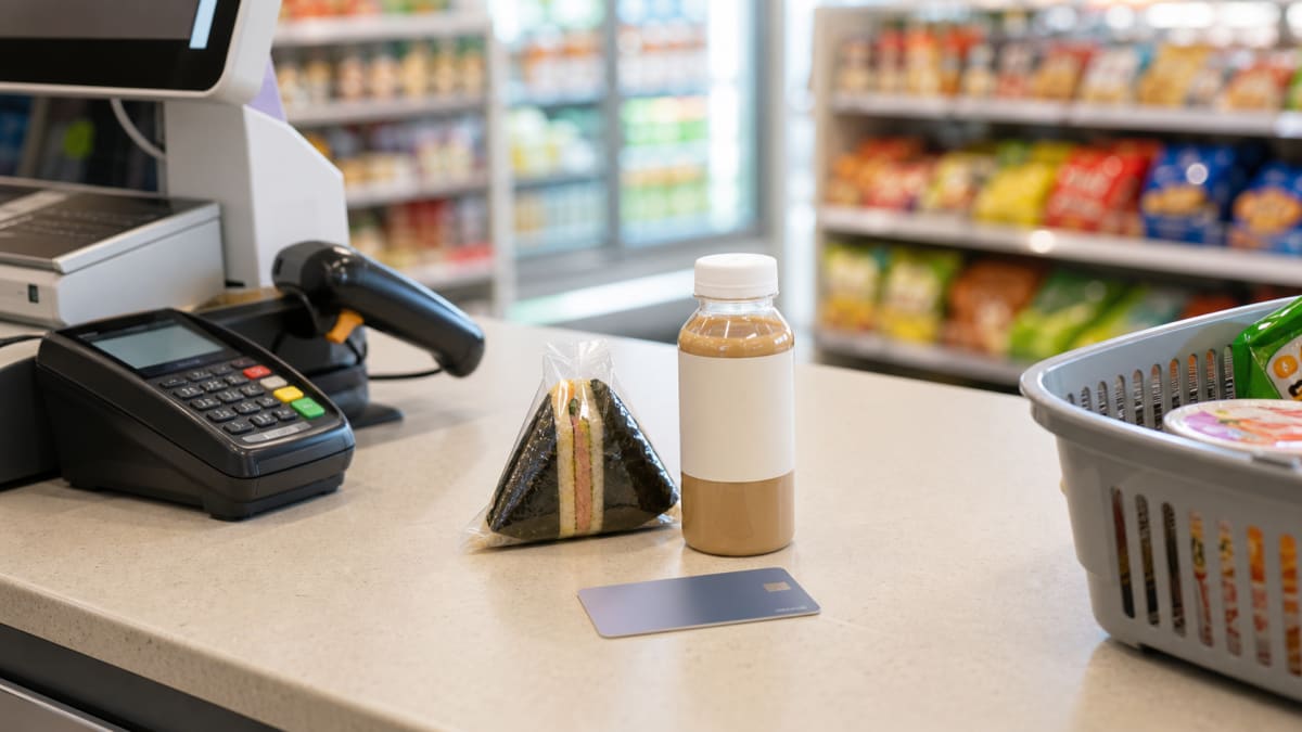 Triangle kimbap and bottled drink beside a card and barcode scanner at a checkout