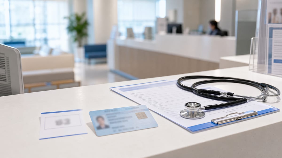 Stethoscope on paperwork beside ID cards on a hospital reception desk
