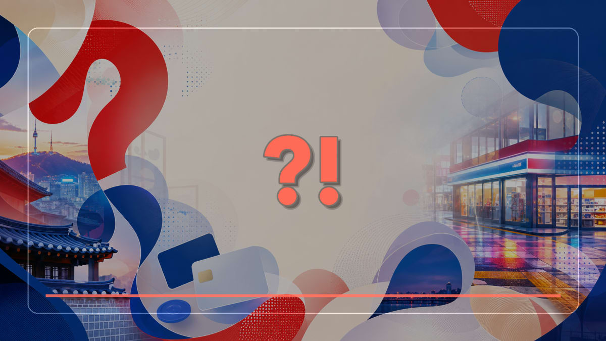 Graphic banner with a question and exclamation mark over Korea cityscape collage