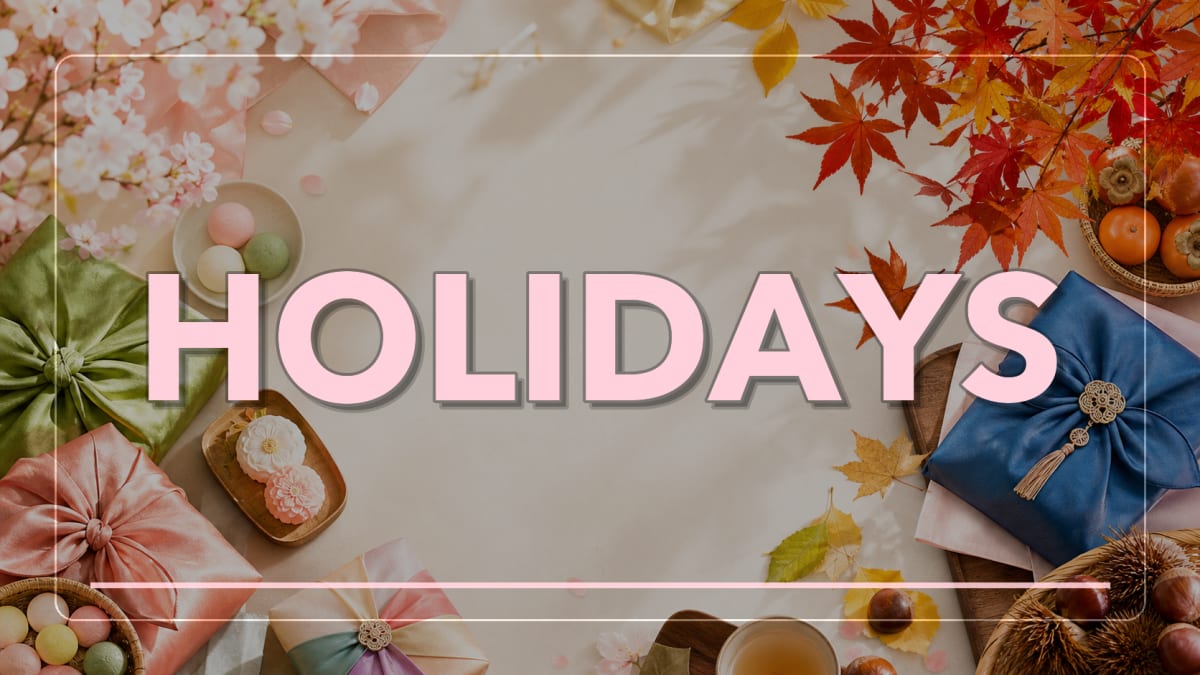 Graphic banner with HOLIDAYS text over bojagi-wrapped gifts and seasonal foods