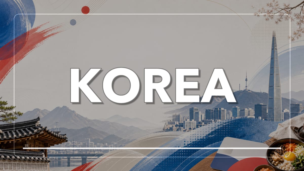 Graphic banner with KOREA text over hanok, mountains, and modern skyscrapers