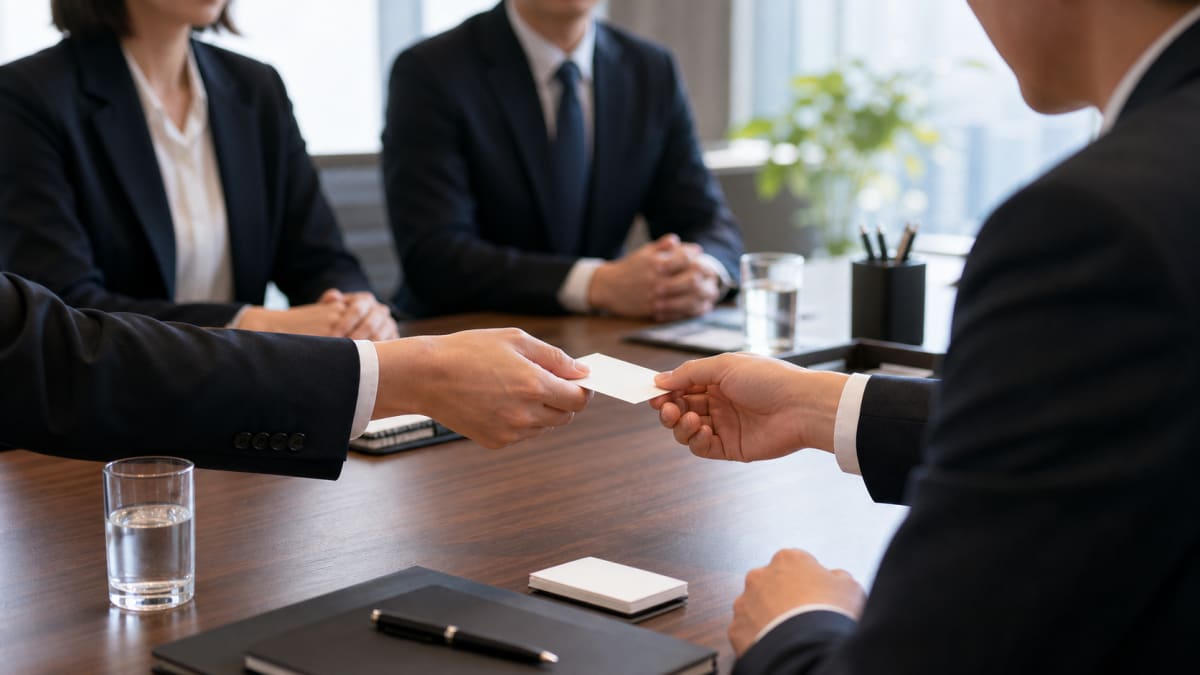 Two hands passing a white business card across a meeting table