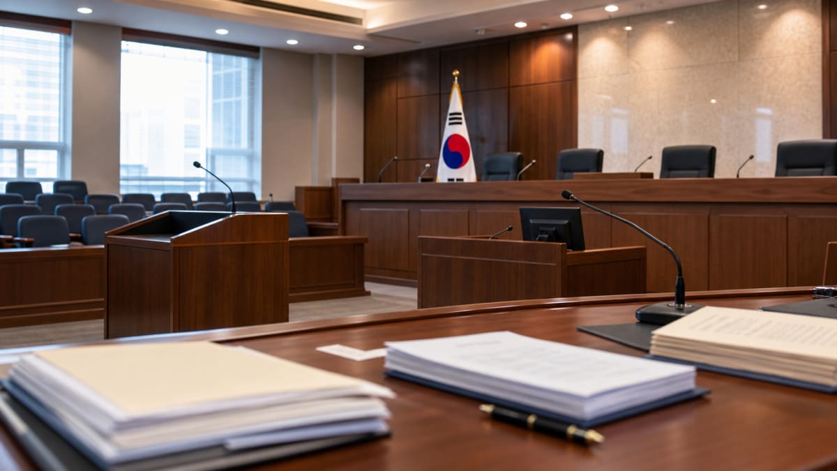 Wooden tribunal chamber with Korean flag and document stacks on the desk