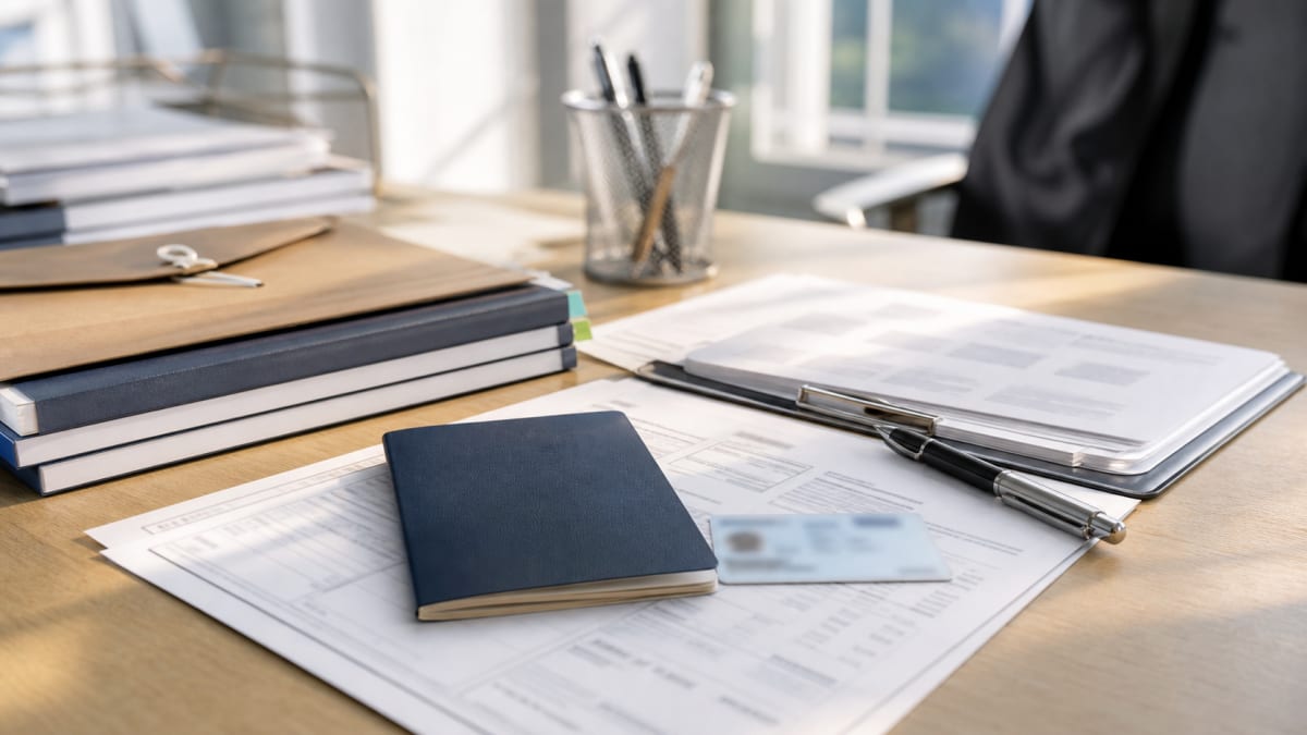 Navy passport and small ID card on visa application forms with bound books
