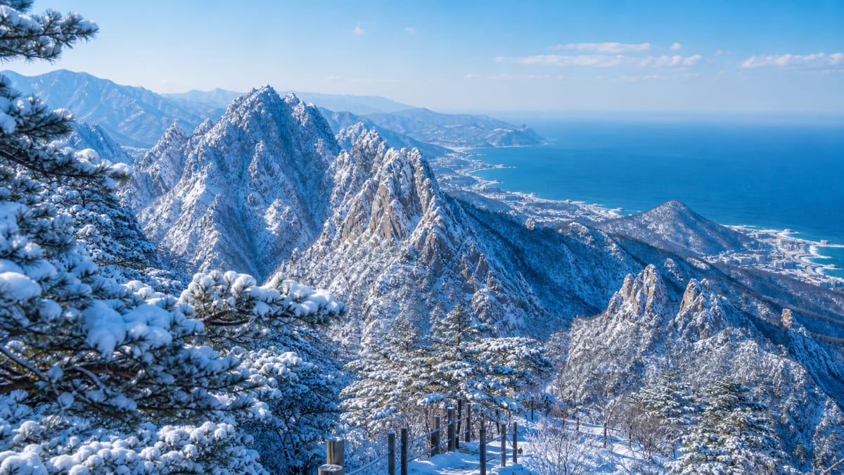 Snow-covered jagged mountain peaks above a blue coastline under a clear sky