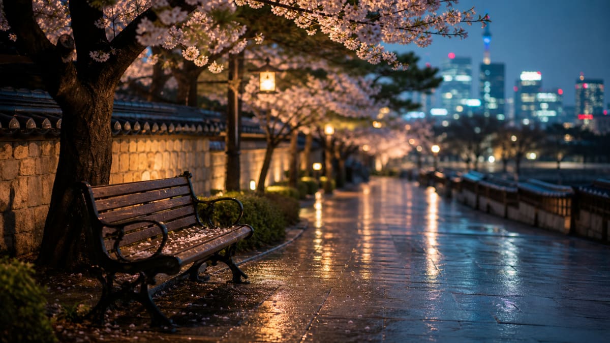 Wooden bench under cherry blossoms on a wet path with city lights behind