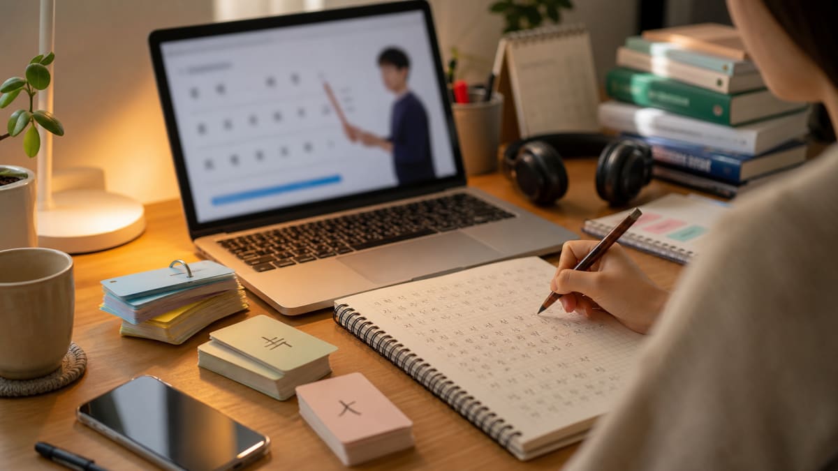 Open laptop with a language class beside a notebook of Korean writing practice