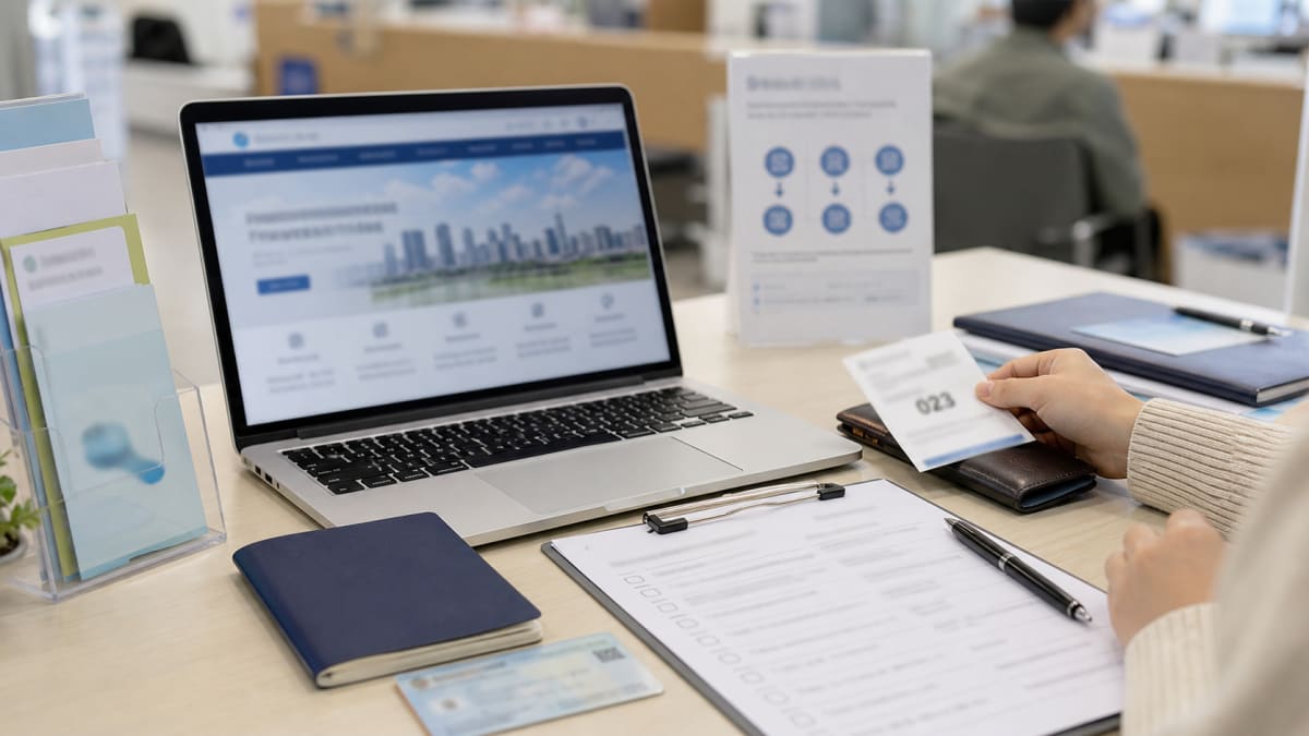Laptop showing a government website beside an application form and an ID card