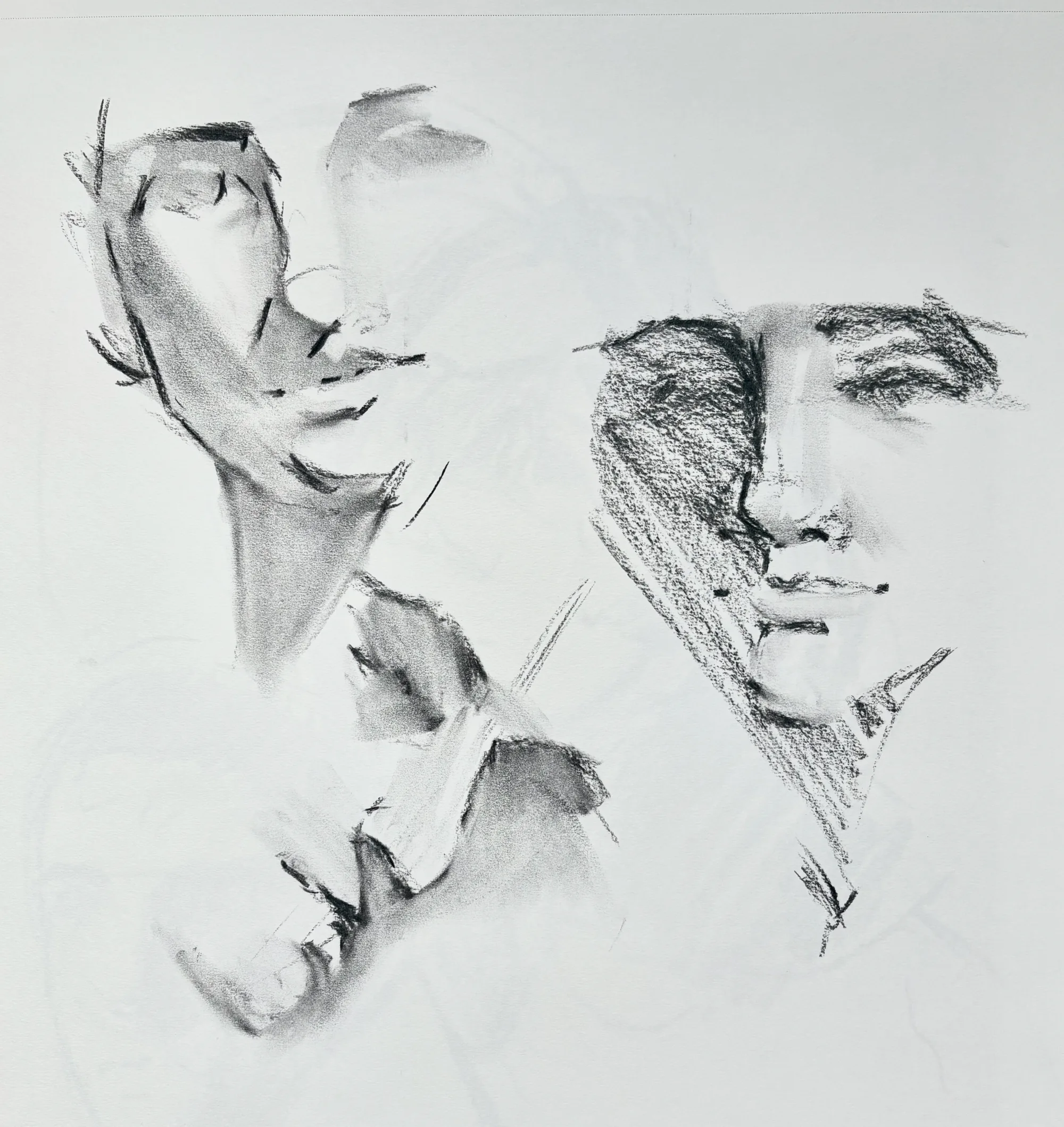 Three portrait sketches in charcoal on white paper