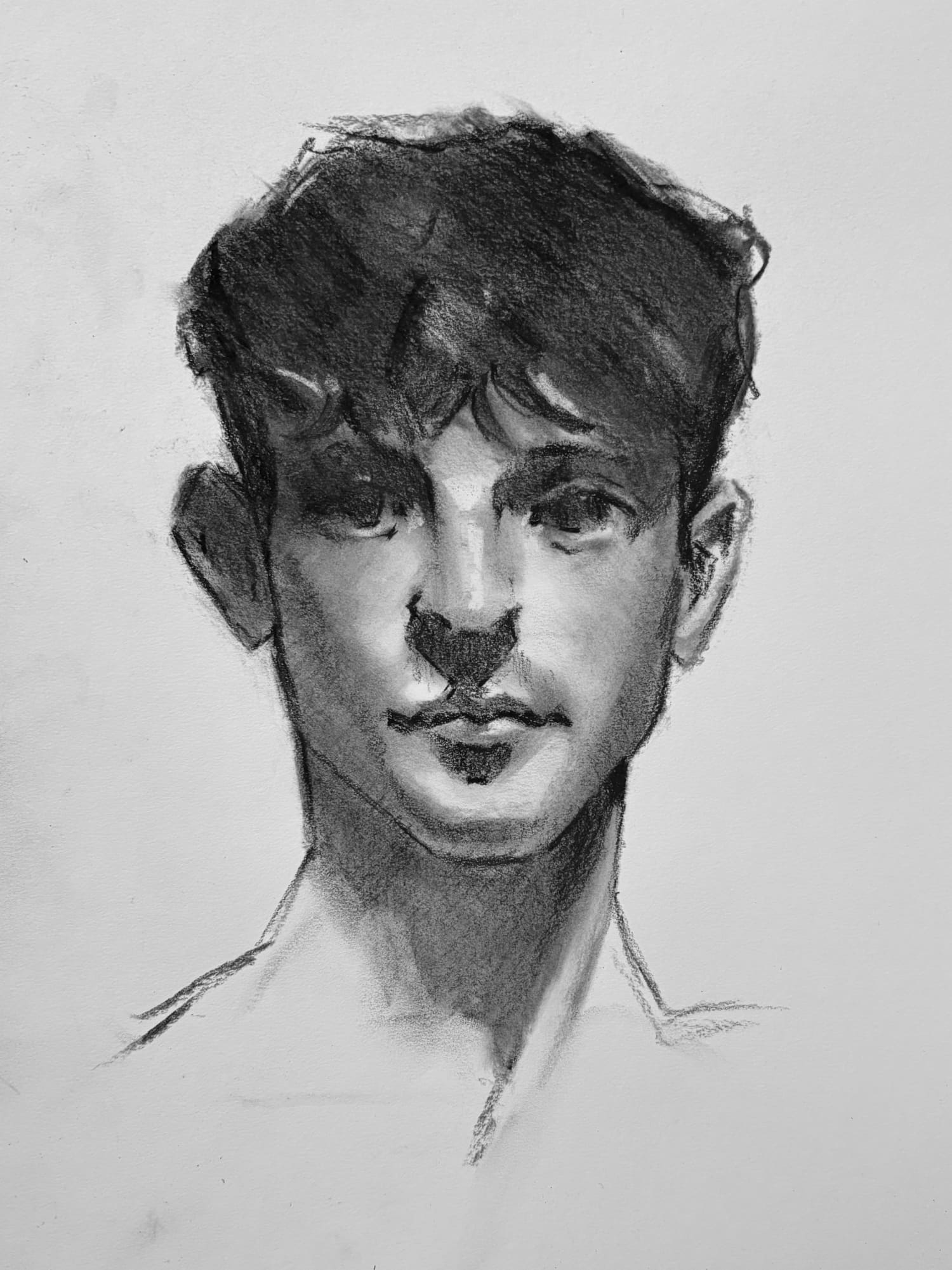 I was trying to apply the rendering and composition of [this Sargent drawing](https://upload.wikimedia.org/wikipedia/commons/0/0a/Sargent%2C_John_Singer_%281856-1925%29_-_1905_o_1915_-_Olimpio_Fusco.jpg). Approx. 9 x 12 in., vine and charcoal pencil on 80lb. drawing paper. ([Reference](https://res.cloudinary.com/db5mnmxzn/image/upload/v1750167015/Screenshot_2025-06-17_at_8.30.04_AM_fcprfu.png) from Bryce Liston.)
