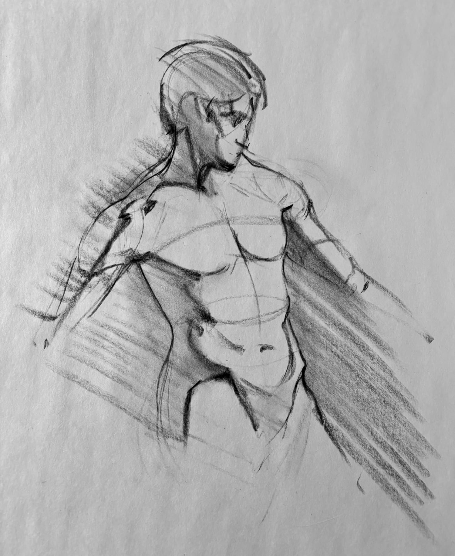9 x 12 in charcoal pencil on smooth newsprint. [Reference](https://res.cloudinary.com/db5mnmxzn/image/upload/v1750273624/Screenshot_2025-06-18_at_2.06.54_PM_bpwvbf.png) from Croquis Cafe. About 20 minutes.