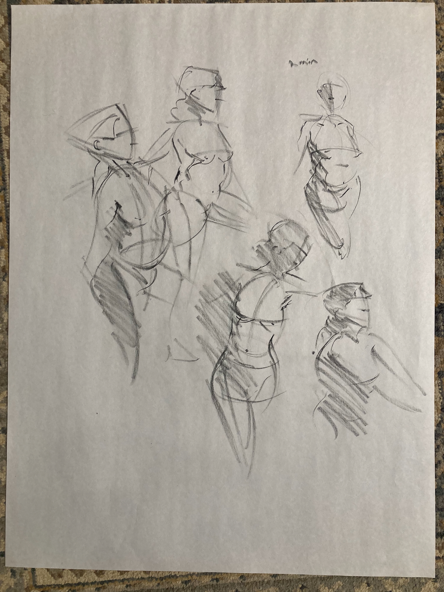 2 minute poses, charcoal pencil on smooth newsprint, 18 x 24 in. I felt pretty stiff during these poses.
