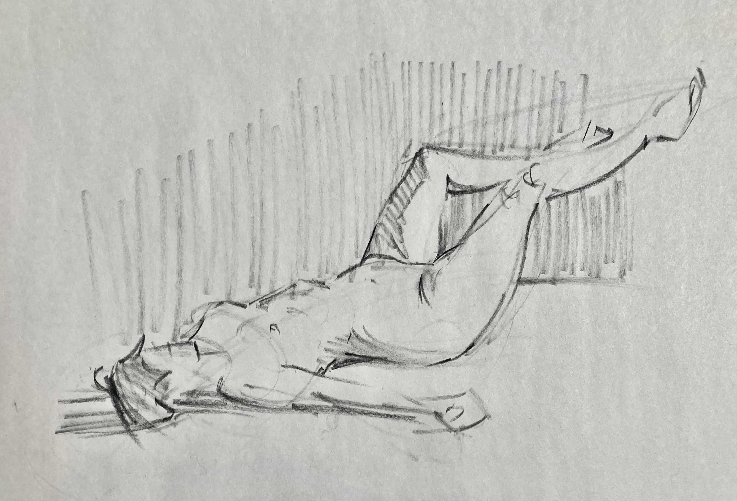 25 minute pose, charcoal pencil on smooth newsprint, 18 x 24 in. I felt pretty stiff during these poses.