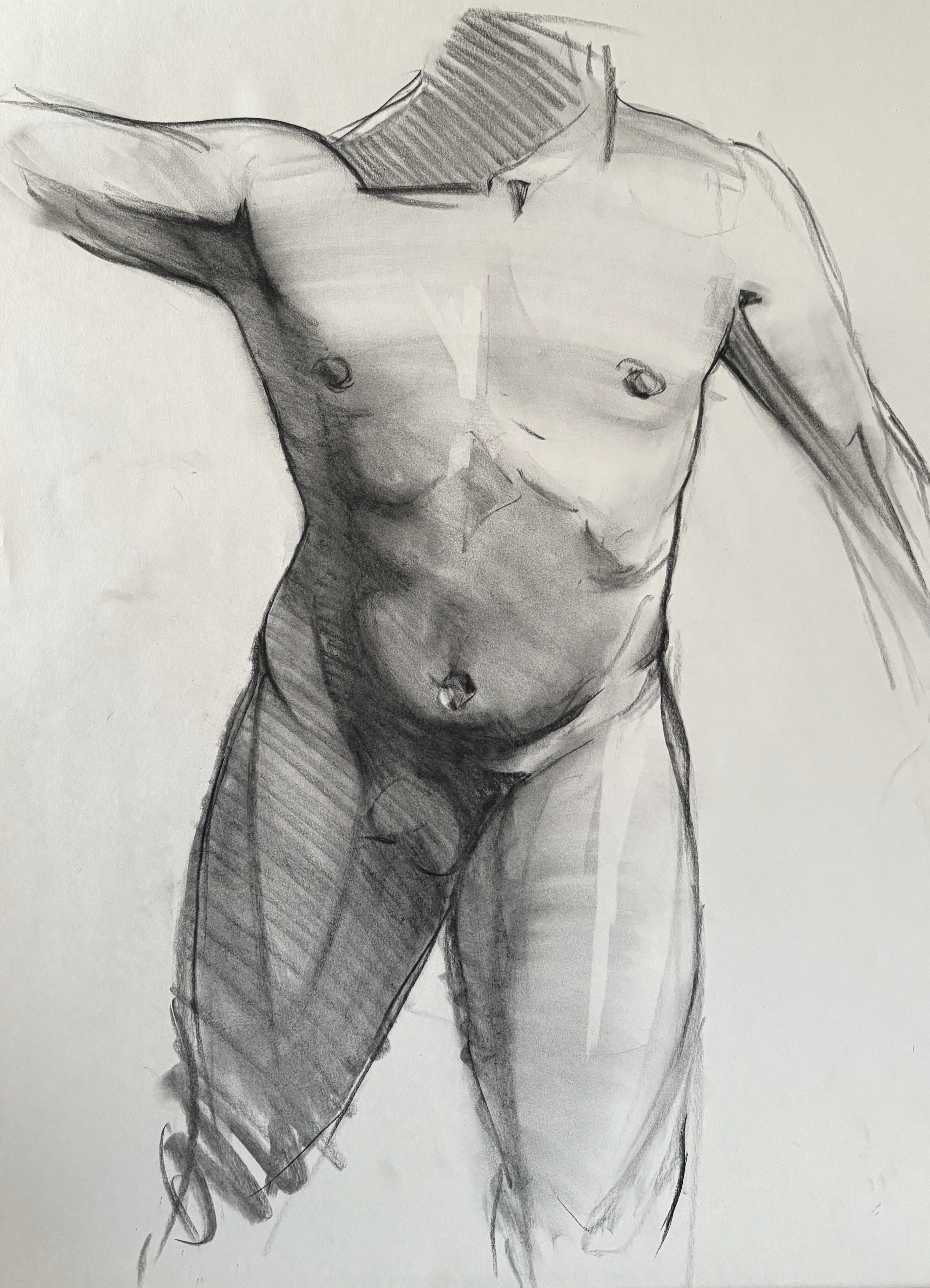 18 x 24 in. newsprint, vine and charcoal pencil. [Reference](https://res.cloudinary.com/db5mnmxzn/image/upload/v1750168796/Screenshot_2025-06-17_at_8.59.47_AM_zk8nam.png) from Croquis Cafe. Again referencing the rendering of a [Sargent drawing](https://res.cloudinary.com/db5mnmxzn/image/upload/v1750168544/IMG_6487_l0zpwq.jpg). I was lucky enough to find this [out of print Sargent book](https://www.amazon.com/John-Singer-Sargent-Male-Nudes/dp/0789302616) at the local library! Was great to see your thoughts on the show at the Met, I hoped to make a trip out myself but not sure I will make it.