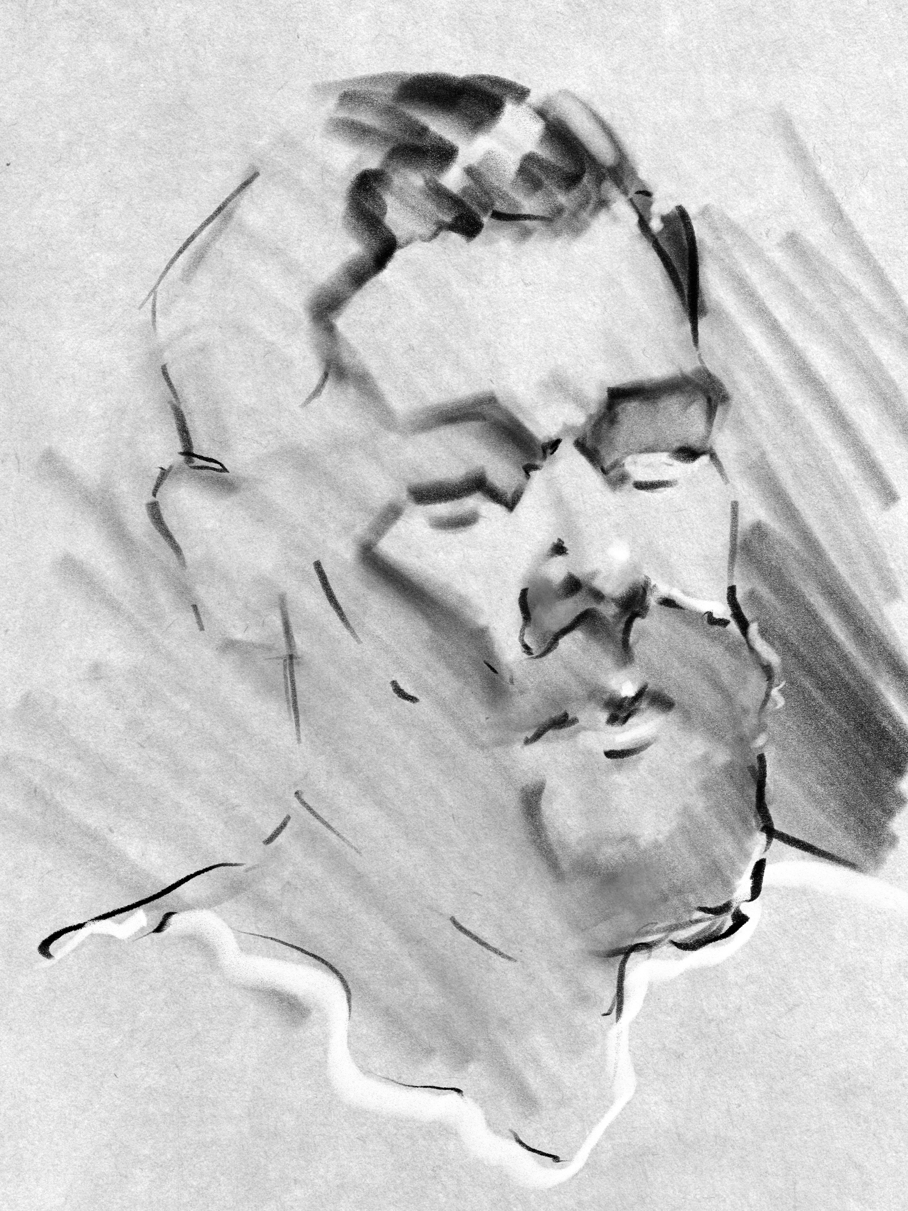 I sometimes draw portraits from the Draw Me or Reddit Gets Drawn subreddits where people post photos of themselves for references, this [reference is here](https://www.reddit.com/r/drawme/comments/1ls4wbw/never_been_drawn_before_go_wild_any_style_you/)! Procreate and Charcoal Master Pack.