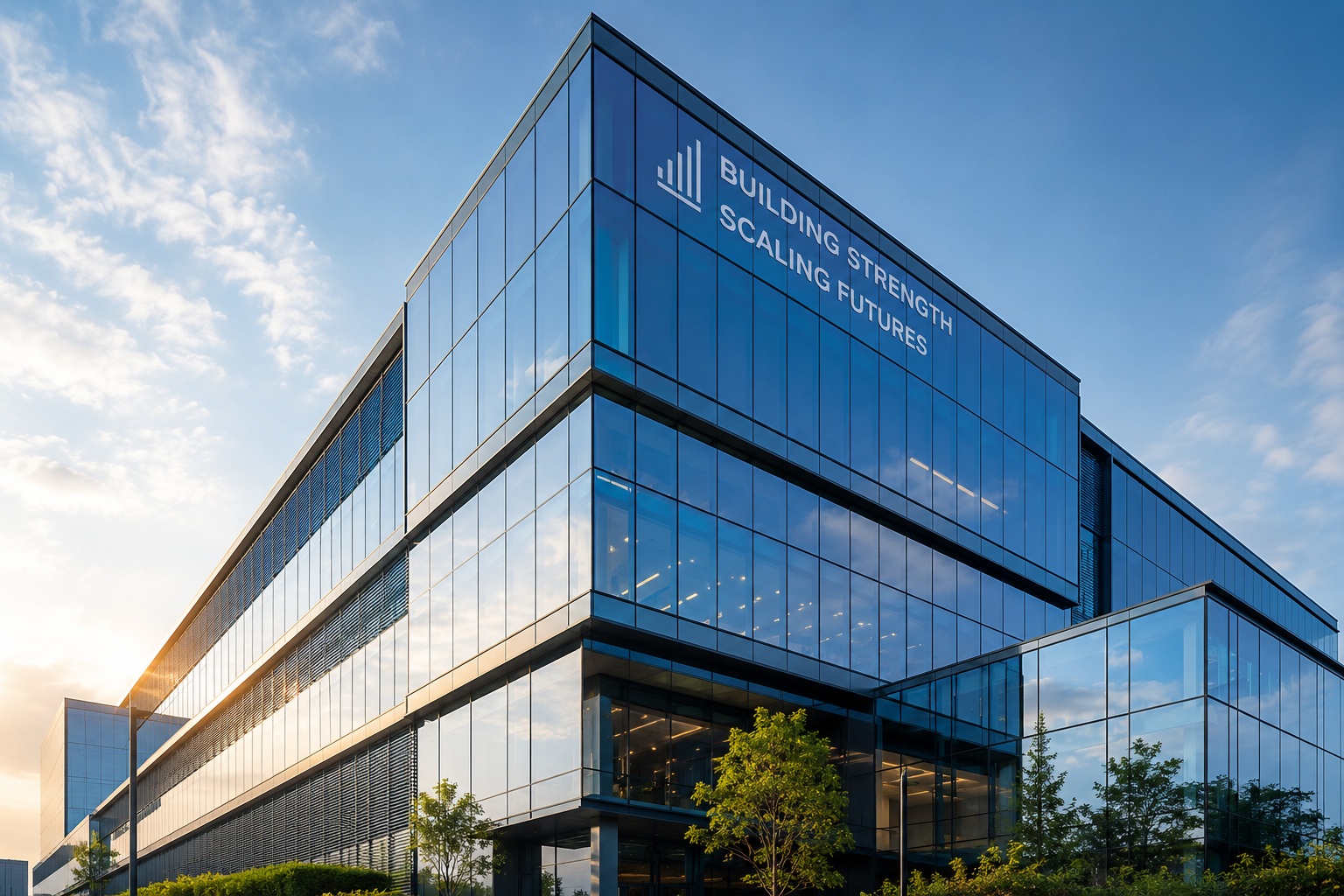 Modern office building architectural glass facade representing corporate strength and scaling