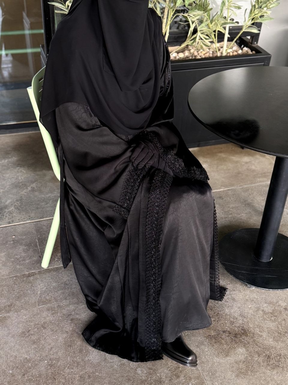 Black Guipure-Trim Abaya
