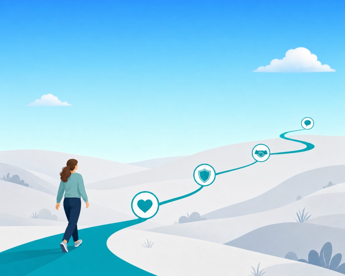 Illustration of a person walking a guided path that links their care, coverage, support, and advocacy