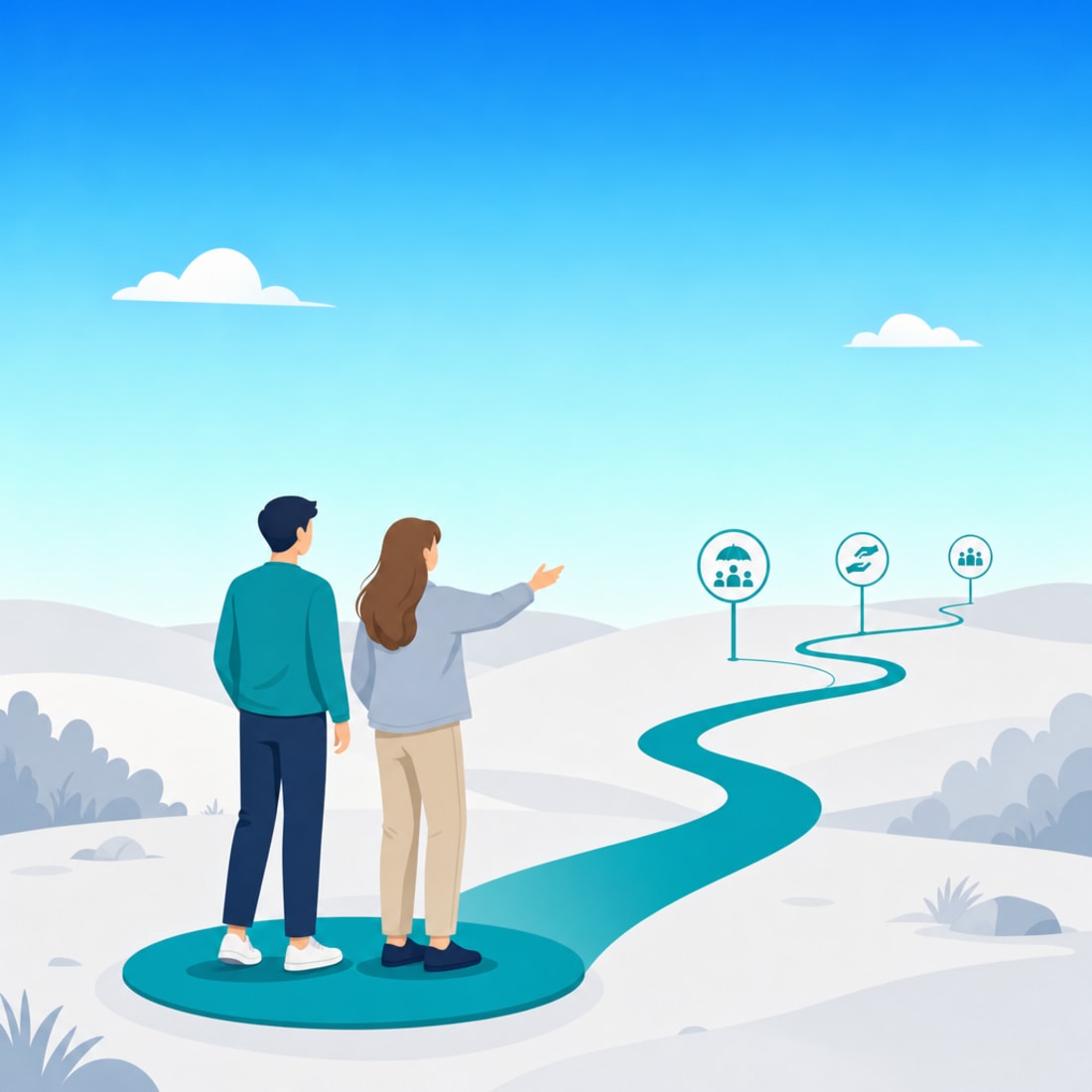 Illustration of an advocate walking alongside a member, pointing out what comes next on their path