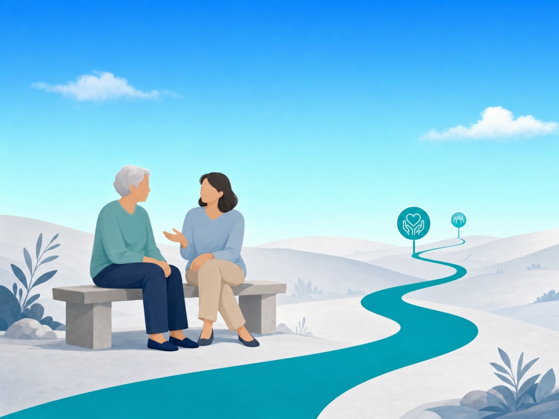 Illustration of an advocate sitting and talking with a member at a waypoint on their path