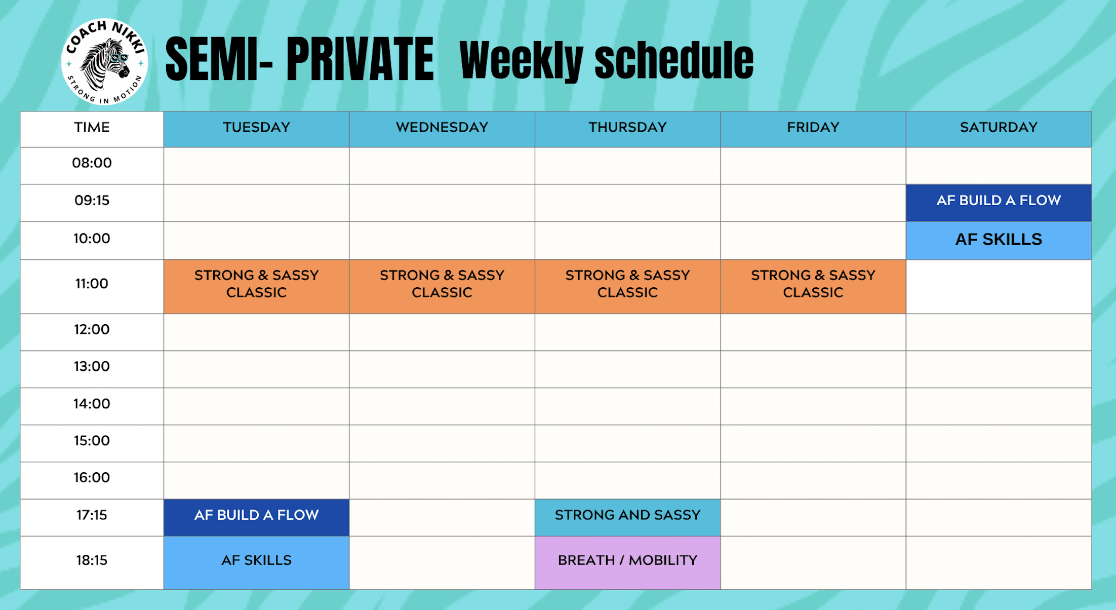 Coach Nikki weekly semi-private timetable