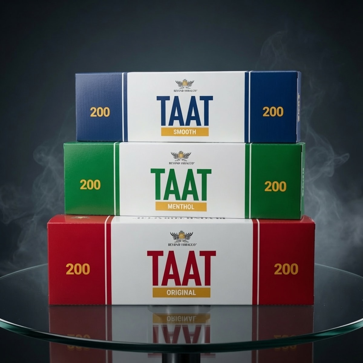 TAAT Smooth, Menthol and Original cartons stacked on a dark background
