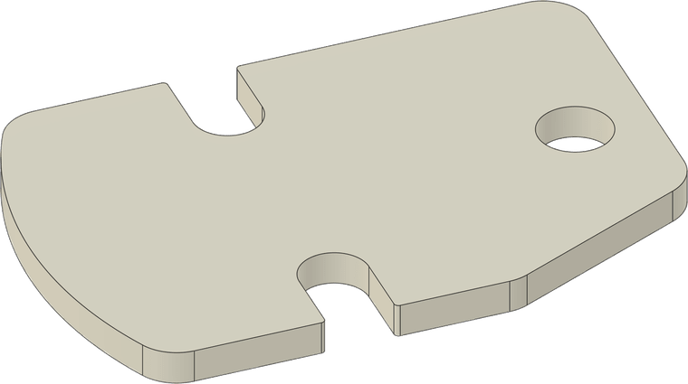 The ceramic spacer: a flat machined plate with a radiused edge, a slot at each side and a mounting hole, drawn in isometric view