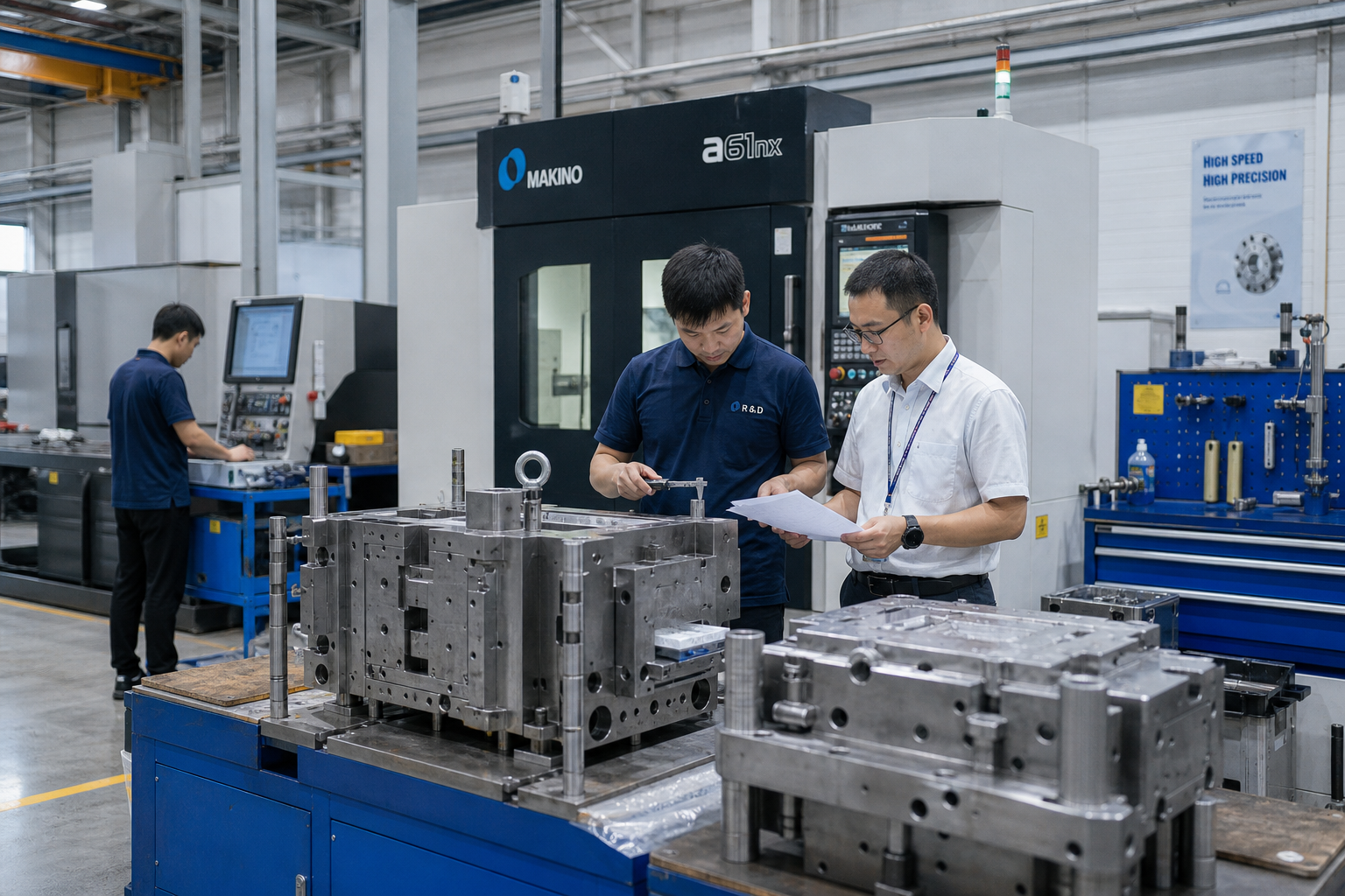 An engineer reviewing mold trial parts with a detailed inspection report