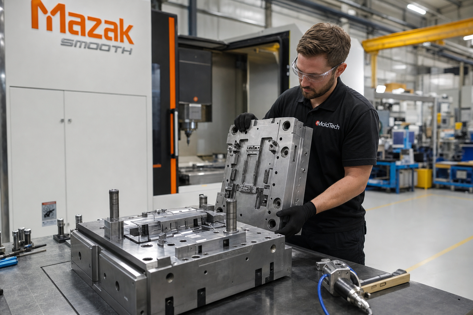 A team of engineers collaborating around a new injection mold in a local workshop