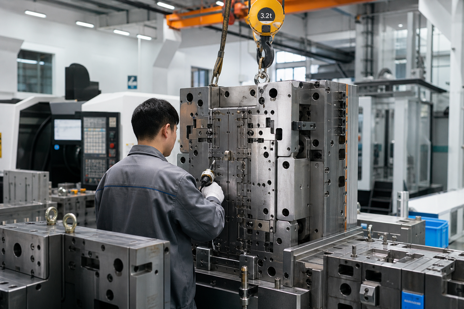 A large, high-cavity injection mold in operation at the Xsuper Mold factory