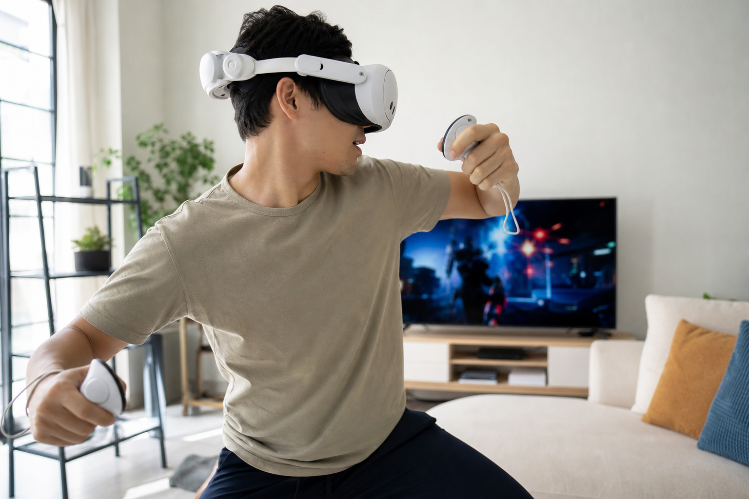 A traveler in an airplane seat rubbing their neck, looking tired from wearing a heavy VR headset.