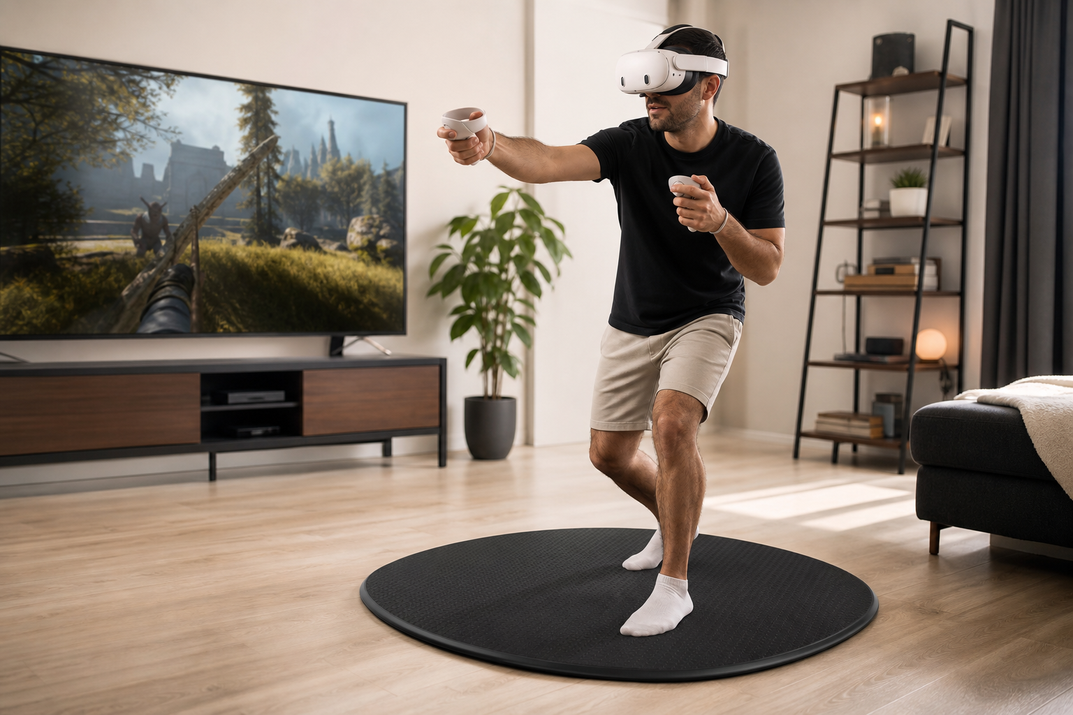 A VR mat with textured center markers in a living room play space
