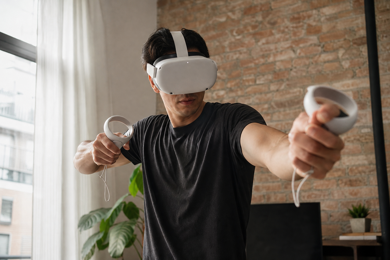 A person playing a VR fitness game in an apartment setting, with a VR mat on the floor