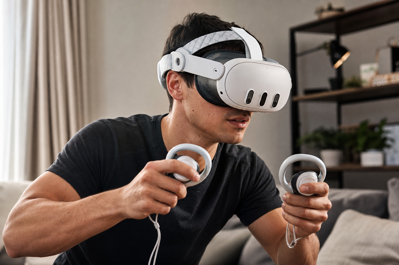 Two people in a living room, one wearing a Meta Quest 3S headset for the first time while the other guides them