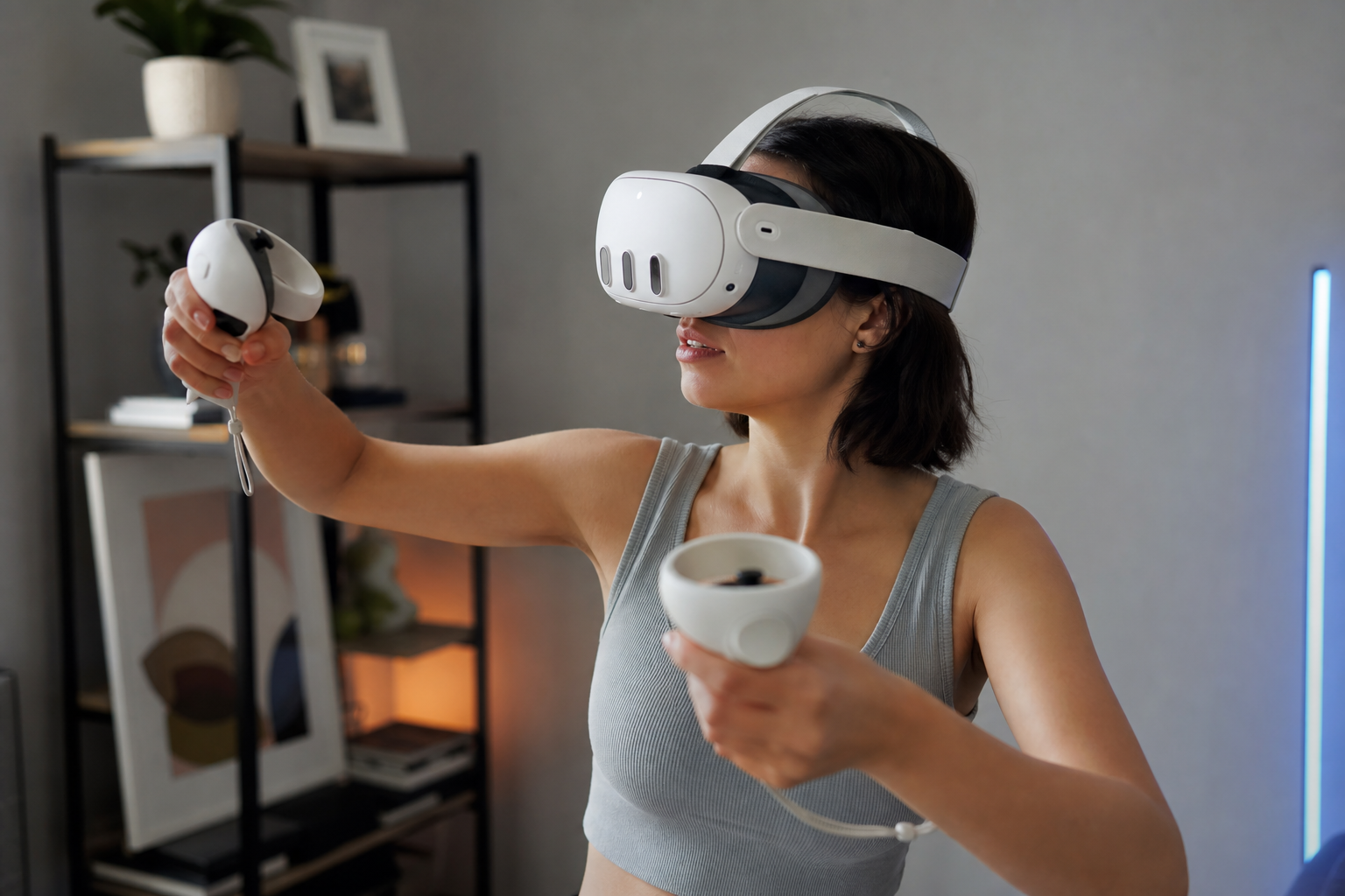 A person with a small head looking frustrated while adjusting the original Meta Quest 2 cloth strap.