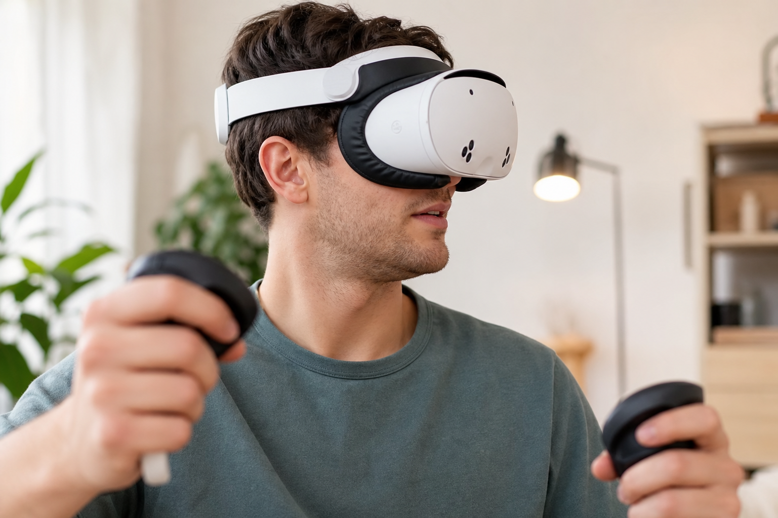 Two people with noticeably different head sizes, one smaller and one larger, smiling after easily swapping a VR headset with a silicone strap.