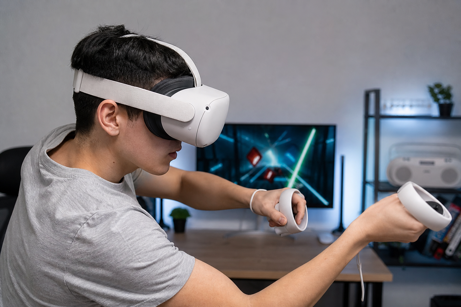 A person with a small head confidently playing a fast-paced VR game like Beat Saber, the headset with a silicone strap held securely in place.