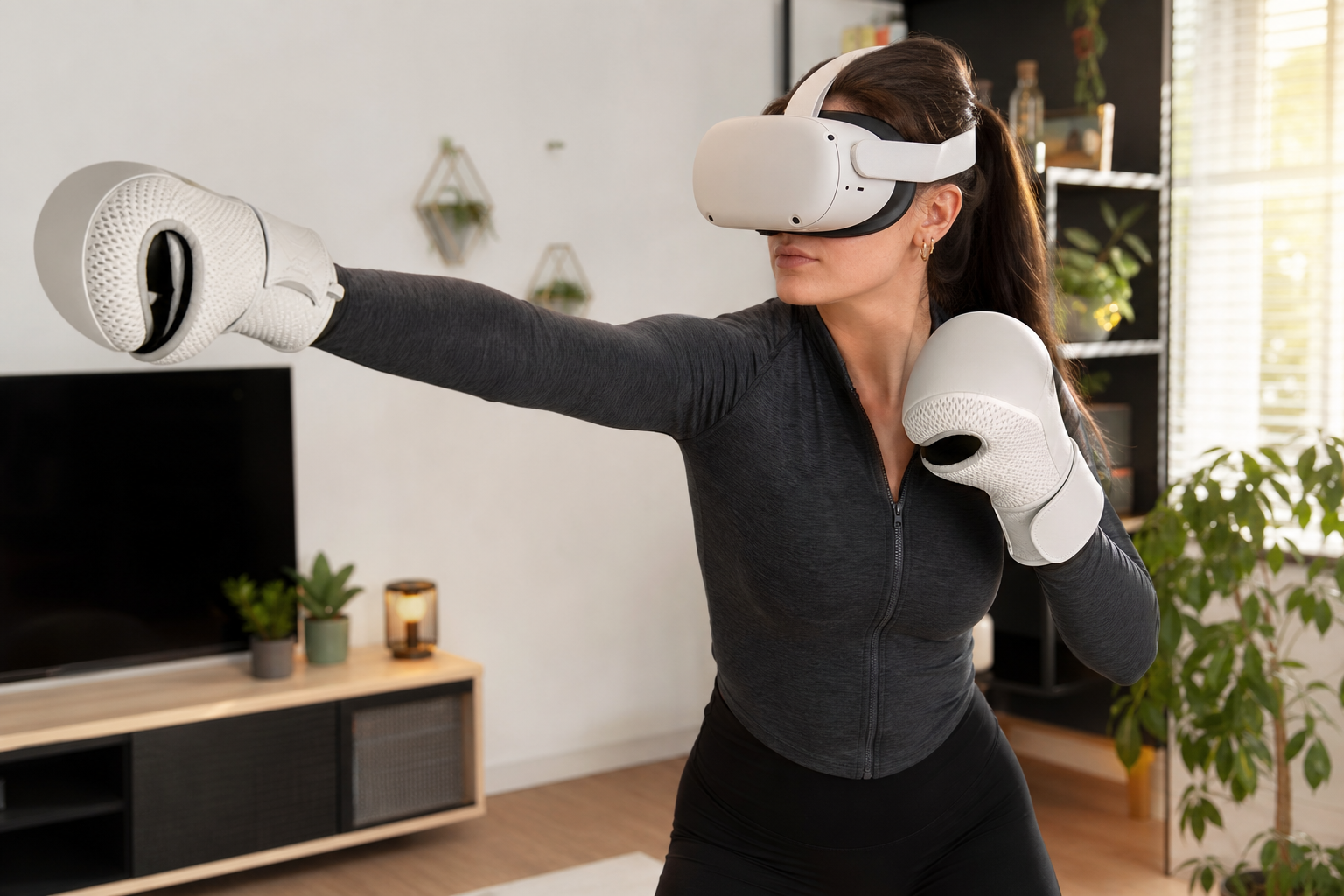 A pair of VR boxing gloves attached to Quest Touch Plus controllers, shown in a home workout setting.
