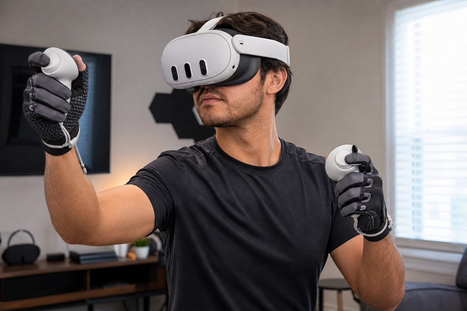 An illustrative image concept showing a thermal heat map overlaid on a hand wearing a VR boxing glove after a workout.
